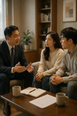 Korean Pastor Counseling Young Couple Indoors