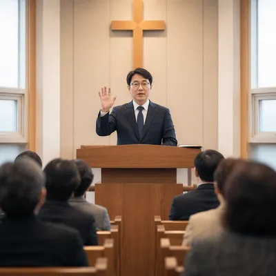 Korean Pastor Preaching from Wooden Pulpit
