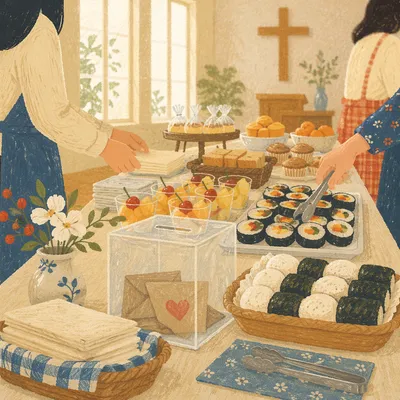 Mission Fundraiser Table in Korean Church Hall
