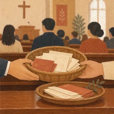 Korean Church Offering Basket on Wooden Pew