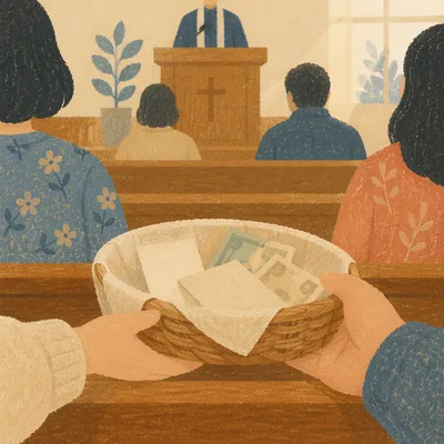 Offering Basket Passed Along Wooden Pew