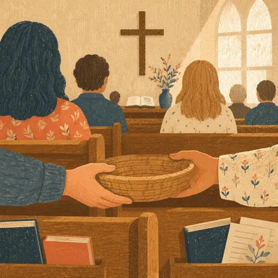 Offering Basket Passed Along Wooden Pews