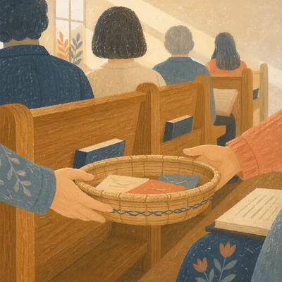 Offering Basket Passed Along Wooden Pews