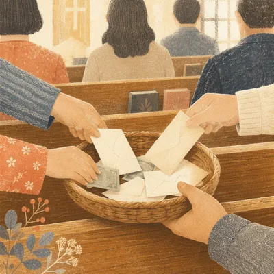 Offering Basket Passed Along Wooden Pews
