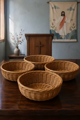 Korean Church Offering Baskets on Wooden Table