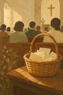 Wicker Offering Basket in Korean Church Service