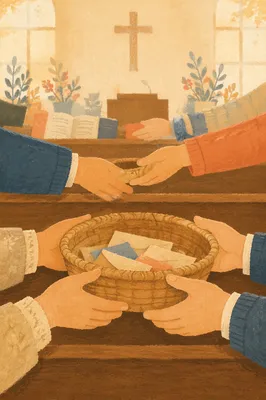 Offering Basket Passed Along Church Pew
