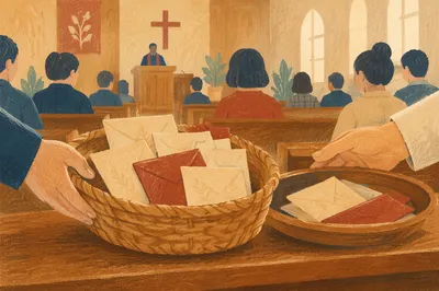 Korean Church Offering Basket on Wooden Pew