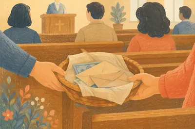 Offering Basket Passed Along Wooden Pew