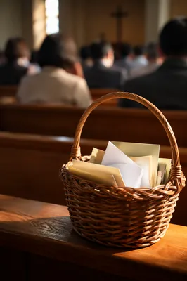 Wicker Offering Basket on Korean Church Pew