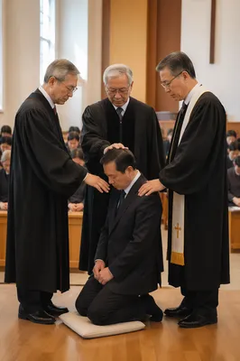 Korean Pastor Ordination Prayer in Sanctuary