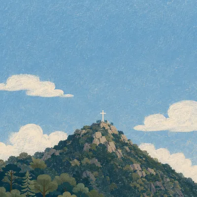 Korean Prayer Mountain Cross Under Blue Sky