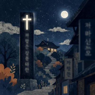 Moonlit Korean Prayer Mountain Cross Sign
