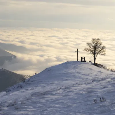 Korean Prayer Mountain Cross at Winter Dawn