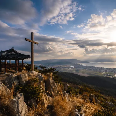 Korean Prayer Mountain Cross at Sunset