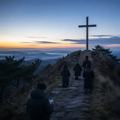 Korean Prayer Mountain Cross at Dawn