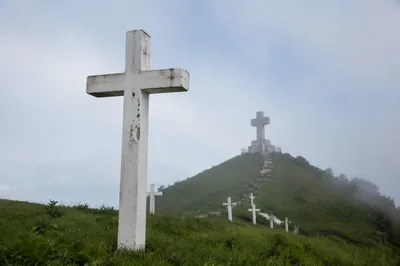 Korean Prayer Mountain Crosses in Morning Mist