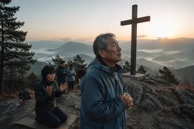 Praying Group Beside Hilltop Wooden Cross