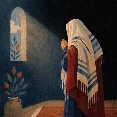 Worshipper in Prayer Shawl by Teal Wall