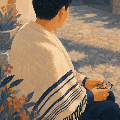 Prayer Shawl Reflection in Korean Church Courtyard
