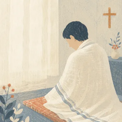 Quiet Prayer Shawl Moment in Korean Church