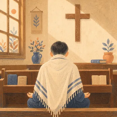 Seated Worshipper with Prayer Shawl From Behind