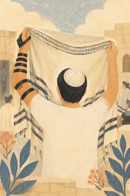 Worshipper with Ivory Prayer Shawl Raised