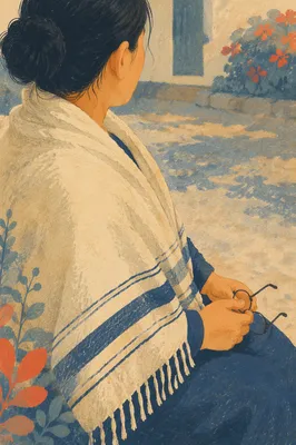 Prayer Shawl Reflection in Korean Church Courtyard