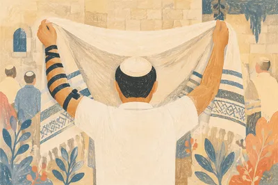 Worshipper Raising Ivory Prayer Shawl