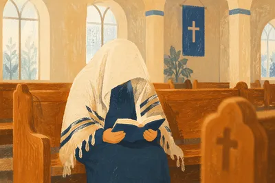 Seated Worshipper with Prayer Shawl in Sanctuary