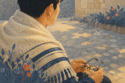 Prayer Shawl Reflection in Korean Church Courtyard