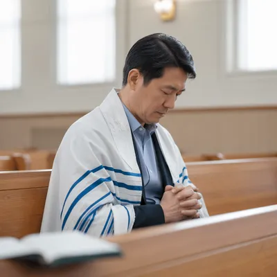 Korean Man Praying in Tallit at Pew