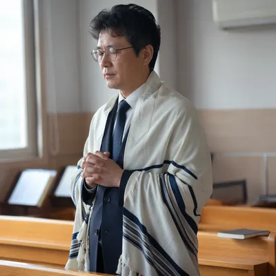 Korean Man Praying With Tallit in Church