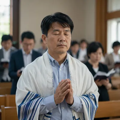 Korean Man Praying in Church Interior