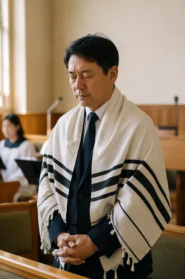Korean Man Wearing White Prayer Shawl