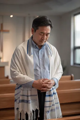 Korean Man in Prayer Shawl Indoors