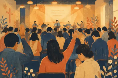 Prayerful Congregation in Warm Church Light
