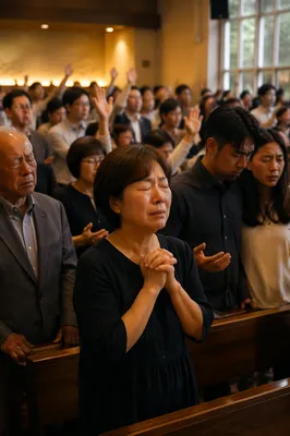 Fervent Prayer at Korean Revival Service
