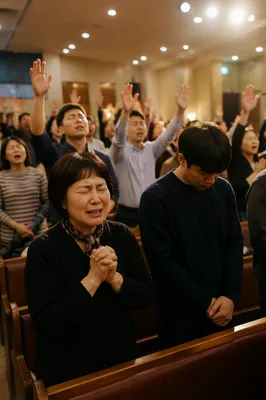 Korean Congregation Praying in Evening Service