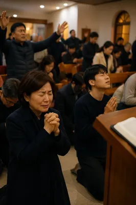Korean Congregation Praying in Church Sanctuary