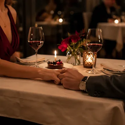 Romantic Anniversary Dinner Hands in Candlelight