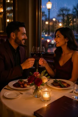 Couple Toasting at Romantic Restaurant Dinner