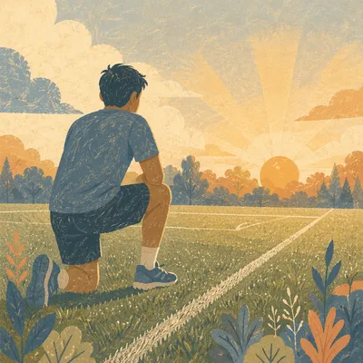Athlete Kneeling at Sunrise on Field