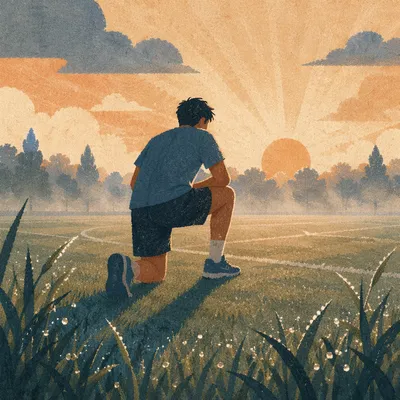 Athlete Kneeling at Sunrise on Field