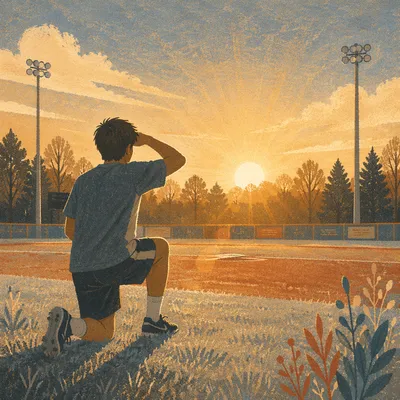 Athlete Kneeling at Sunrise on Field