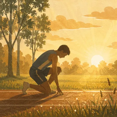 Athlete Kneeling in Sunrise Prayer on Field