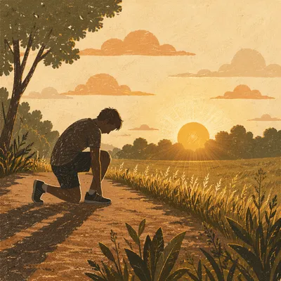 Athlete Kneeling in Sunrise Prayer