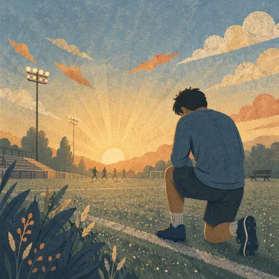 Kneeling Athlete Praying at Sunrise Field