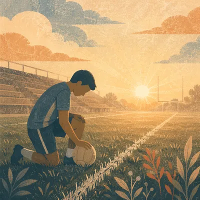Athlete Kneeling in Prayer at Sunrise Field