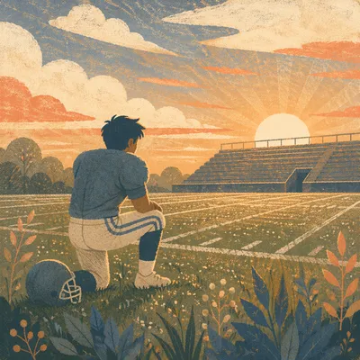 Prayerful Athlete Kneeling at Sunrise